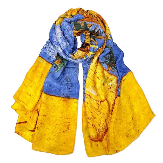 Wrapables Silk Like Satin Polyester Large Scarf Wrap, Sunflowers Blue-Gold