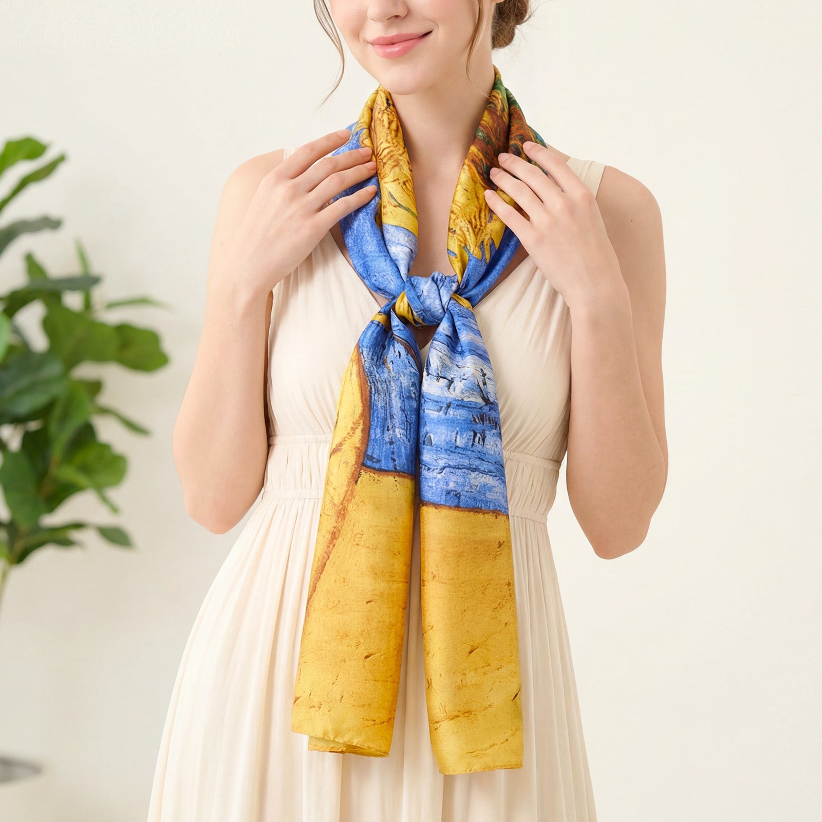 Wrapables Silk Like Satin Polyester Large Scarf Wrap, Sunflowers Blue-Gold