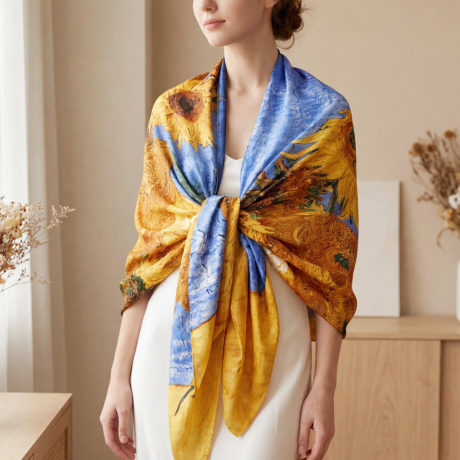 Wrapables Silk Like Satin Polyester Large Scarf Wrap, Sunflowers Blue-Gold