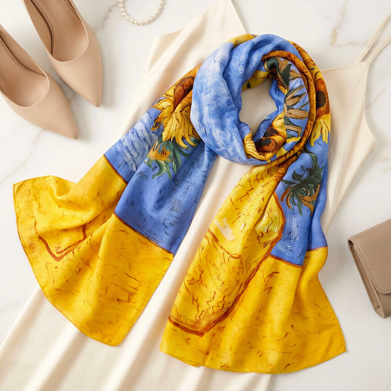 Wrapables Silk Like Satin Polyester Large Scarf Wrap, Sunflowers Blue-Gold