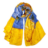 Wrapables Silk Like Satin Polyester Large Scarf Wrap, Sunflowers Blue-Gold