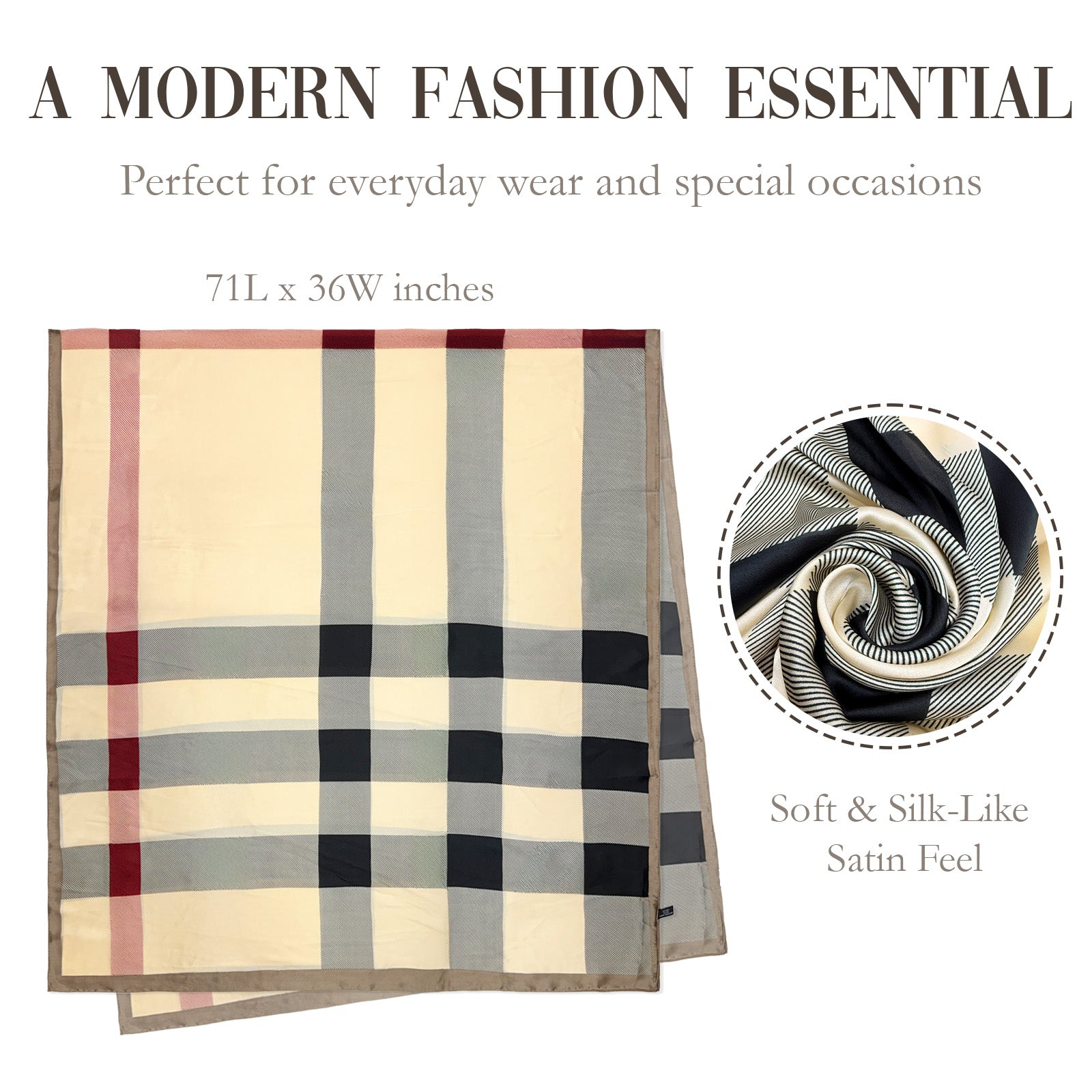 Wrapables Silk Like Satin Polyester Large Scarf Wrap, Classic Plaid