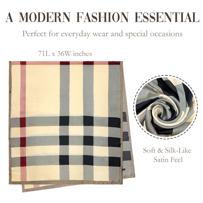 Wrapables Silk Like Satin Polyester Large Scarf Wrap, Classic Plaid