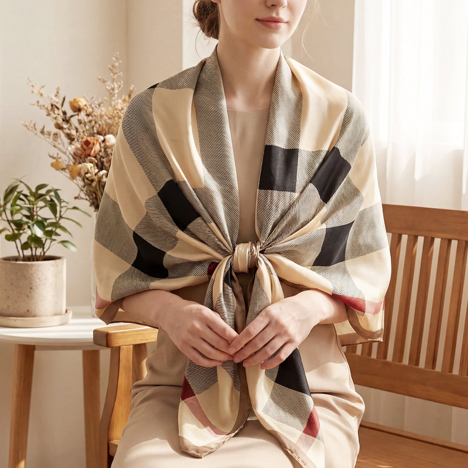 Wrapables Silk Like Satin Polyester Large Scarf Wrap, Classic Plaid