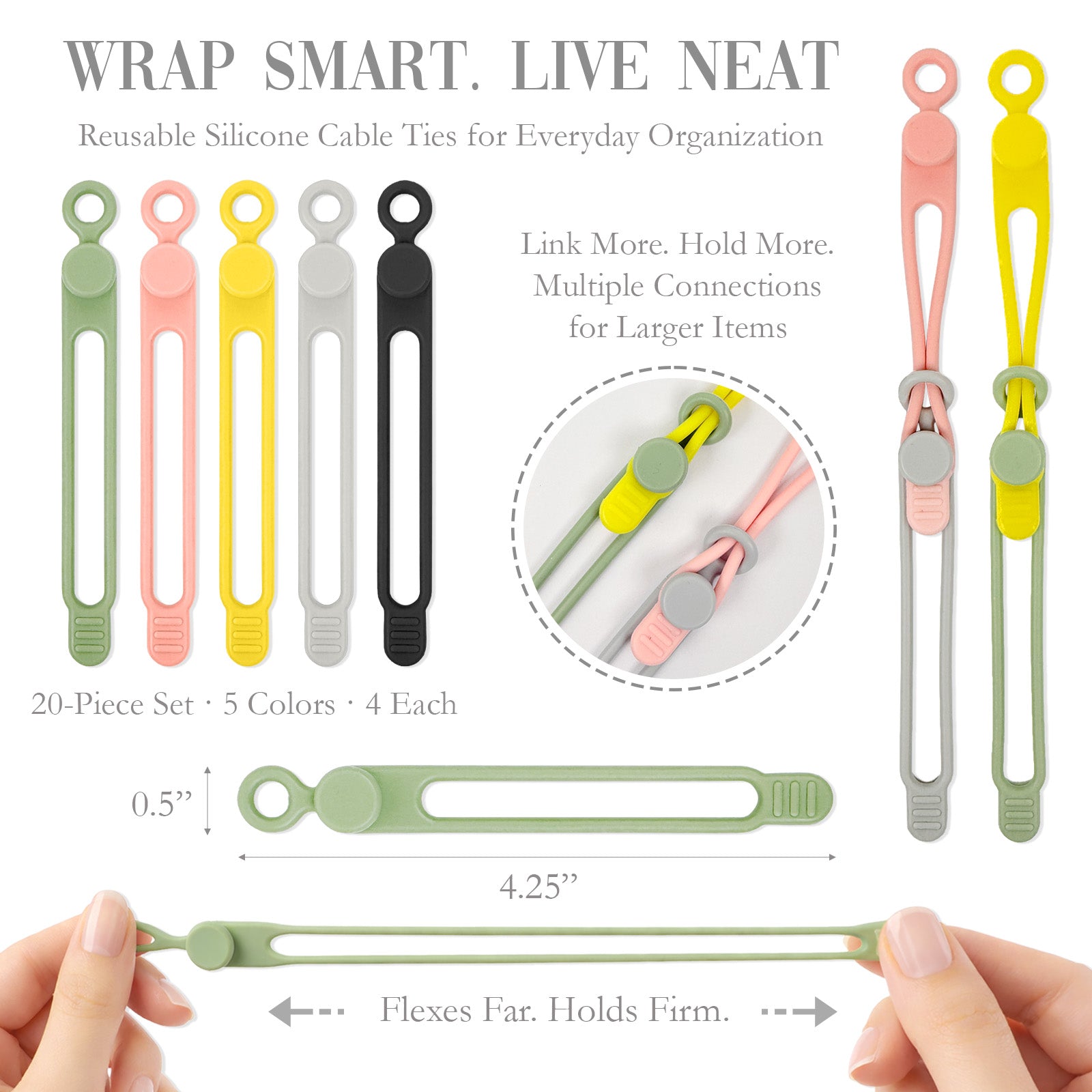 Wrapables Reusable Silicone Cable Cord Ties, Cord Organizer, Management, Bundling (Set of 20)