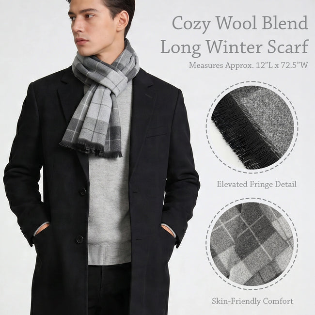 Wrapables Mens Soft Winter Warm Wool Blend Long Scarf, Gray Plaid