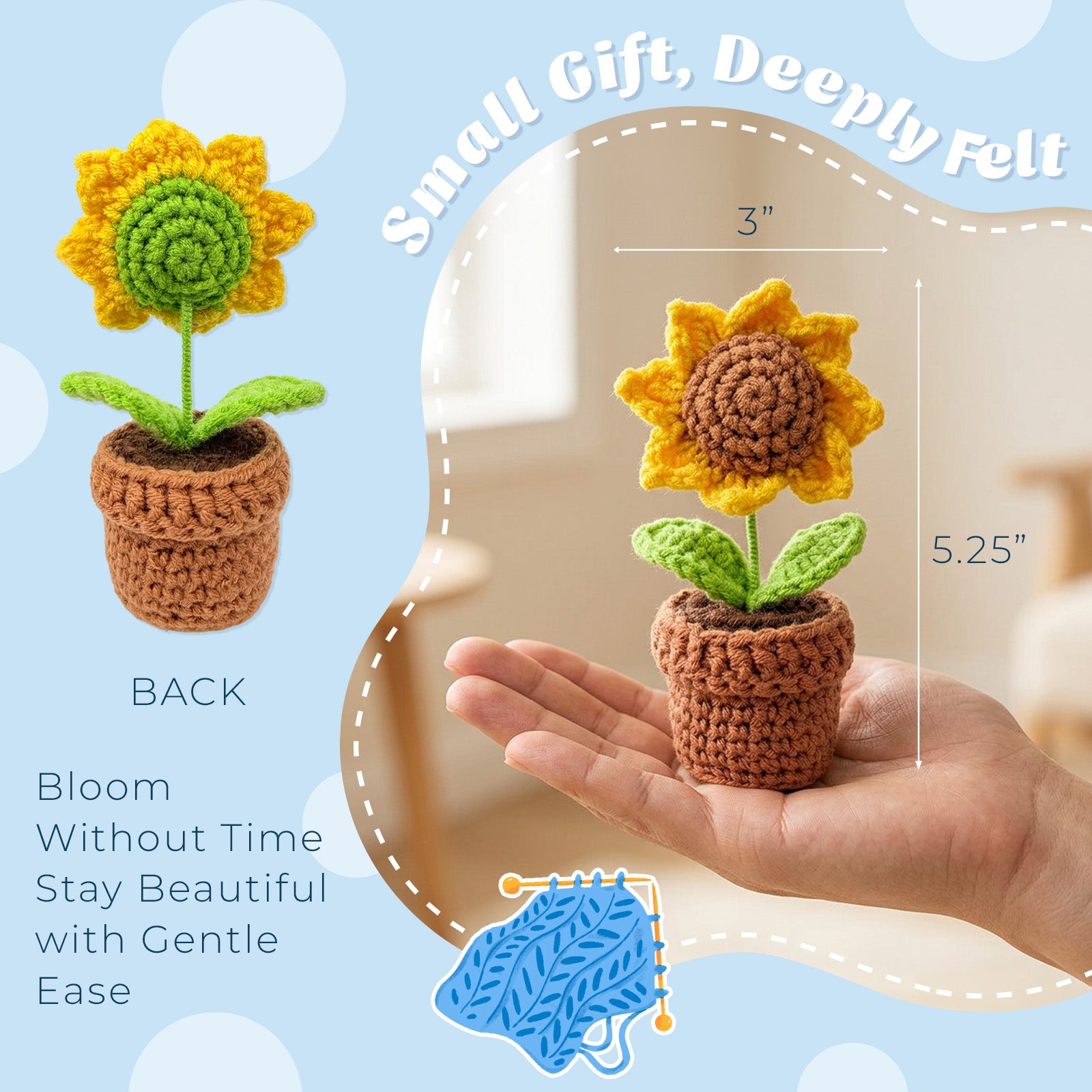 Wrapables Crochet Artificial Flowers, Knitted Potted Plants For Home and Office Decoration, Mother's Day Gift, Sunflower