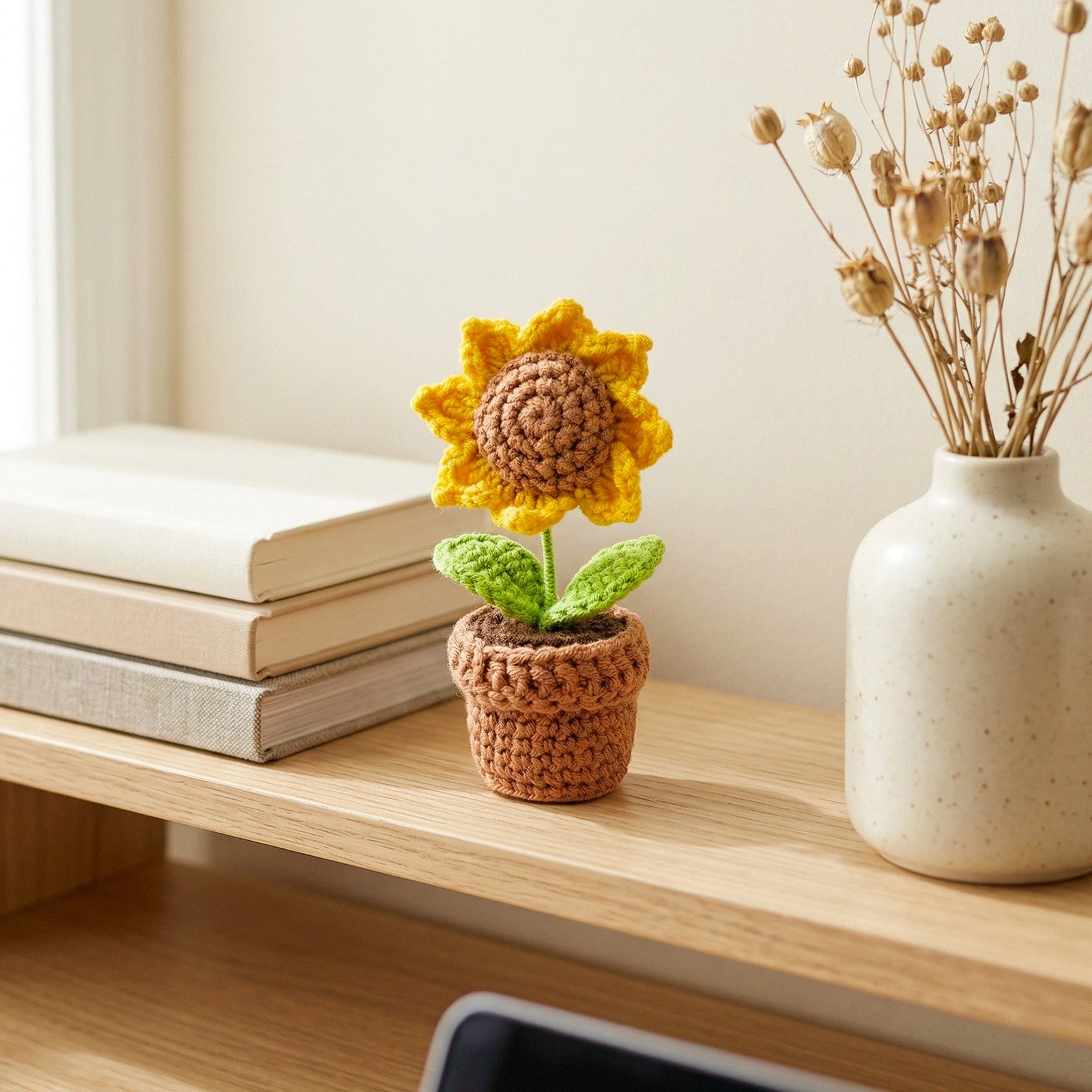 Wrapables Crochet Artificial Flowers, Knitted Potted Plants For Home and Office Decoration, Mother's Day Gift, Sunflower