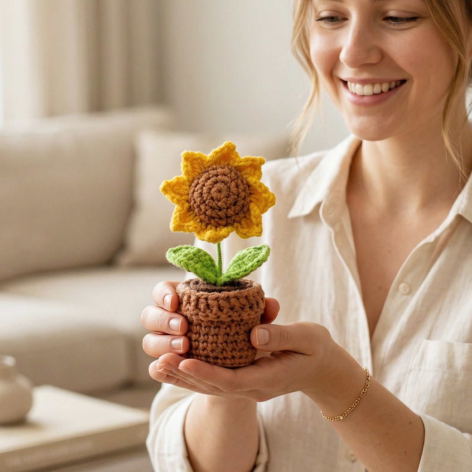 Wrapables Crochet Artificial Flowers, Knitted Potted Plants For Home and Office Decoration, Mother's Day Gift, Sunflower