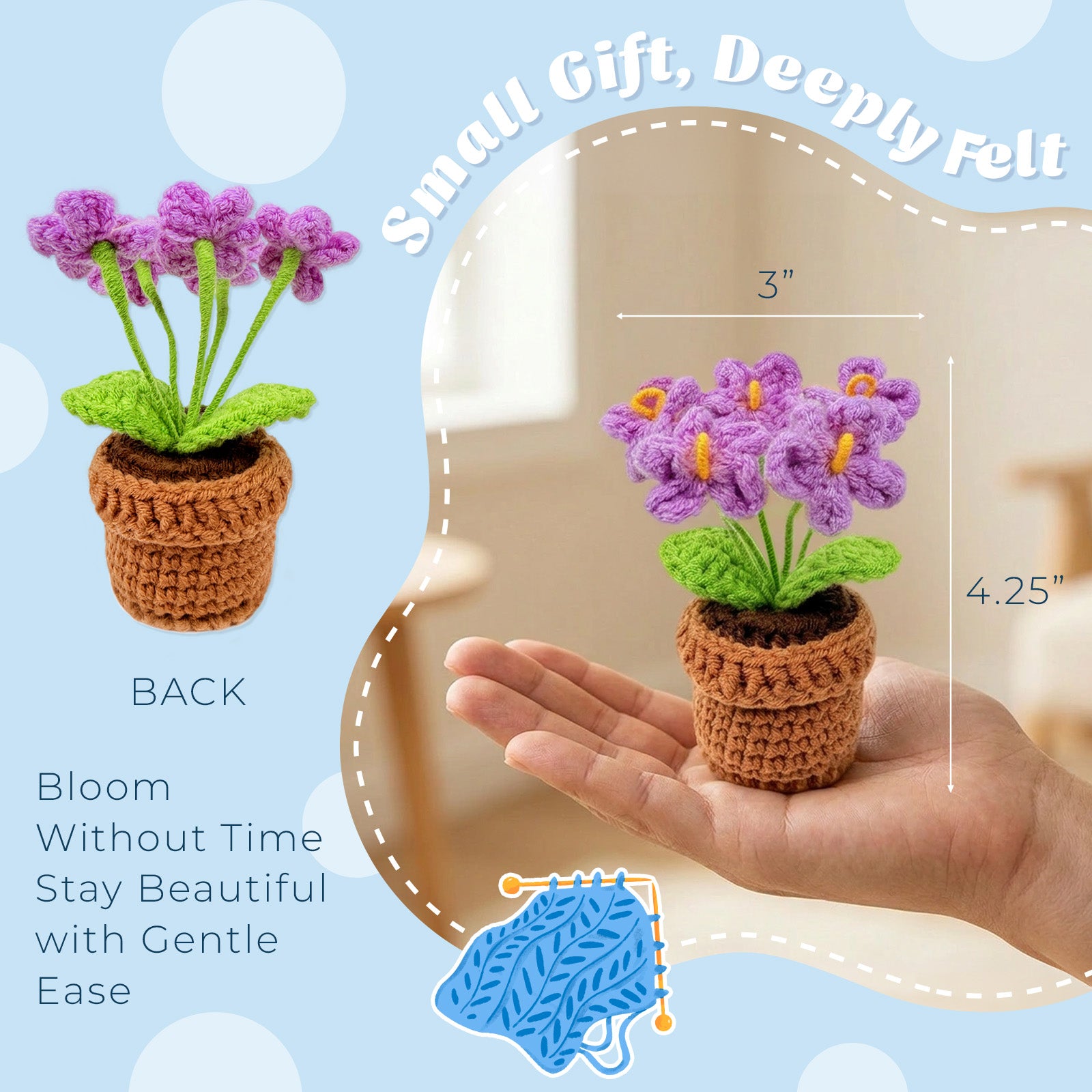 Wrapables Crochet Artificial Flowers, Knitted Potted Plants For Home and Office Decoration, Mother's Day Gift, Forget Me Not Purple