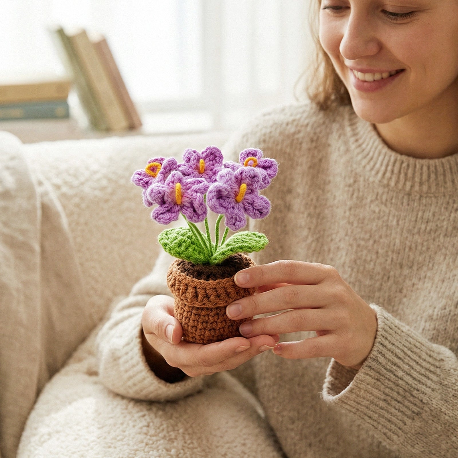 Wrapables Crochet Artificial Flowers, Knitted Potted Plants For Home and Office Decoration, Mother's Day Gift, Forget Me Not Purple