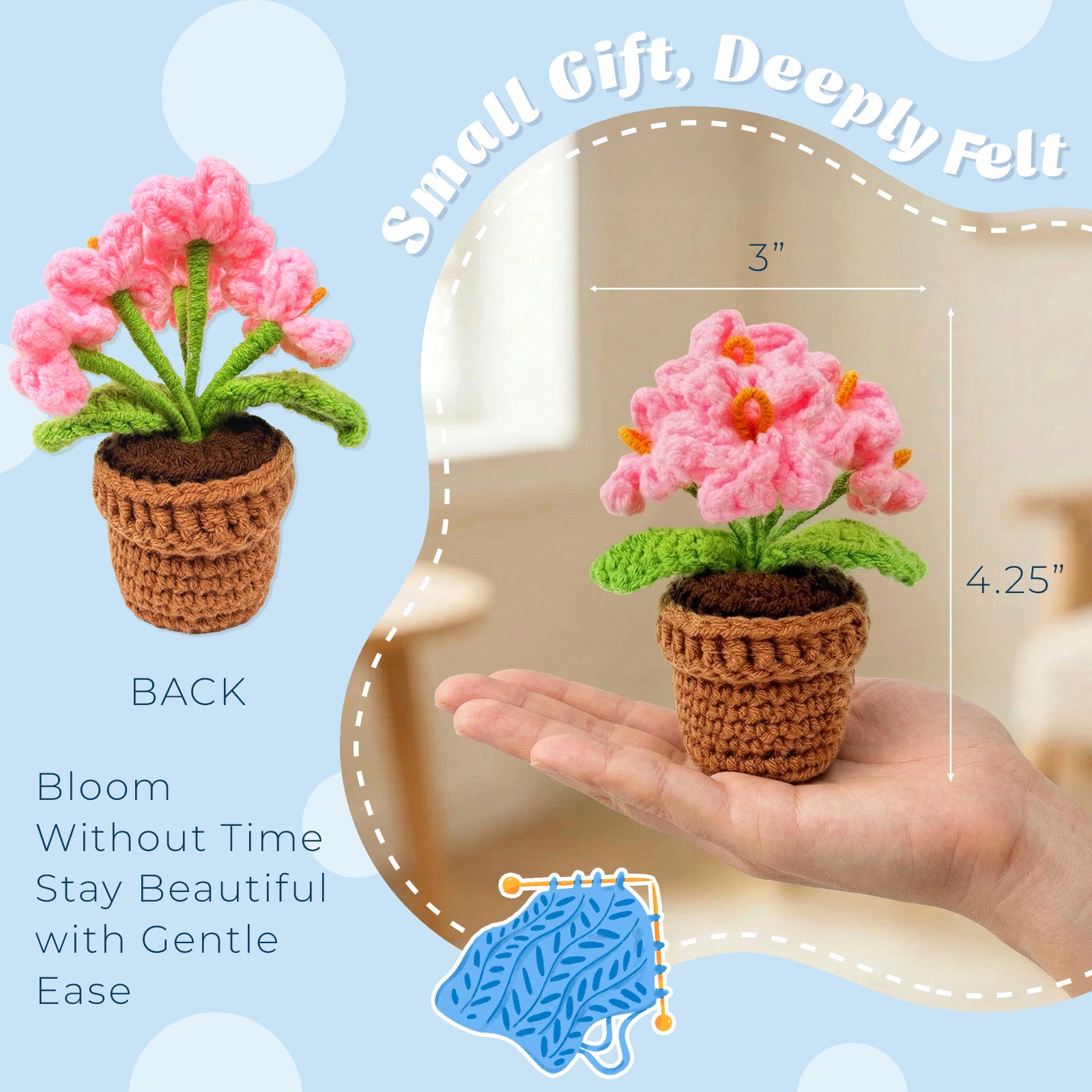 Wrapables Crochet Artificial Flowers, Knitted Potted Plants For Home and Office Decoration, Mother's Day Gift, Forget Me Not Pink