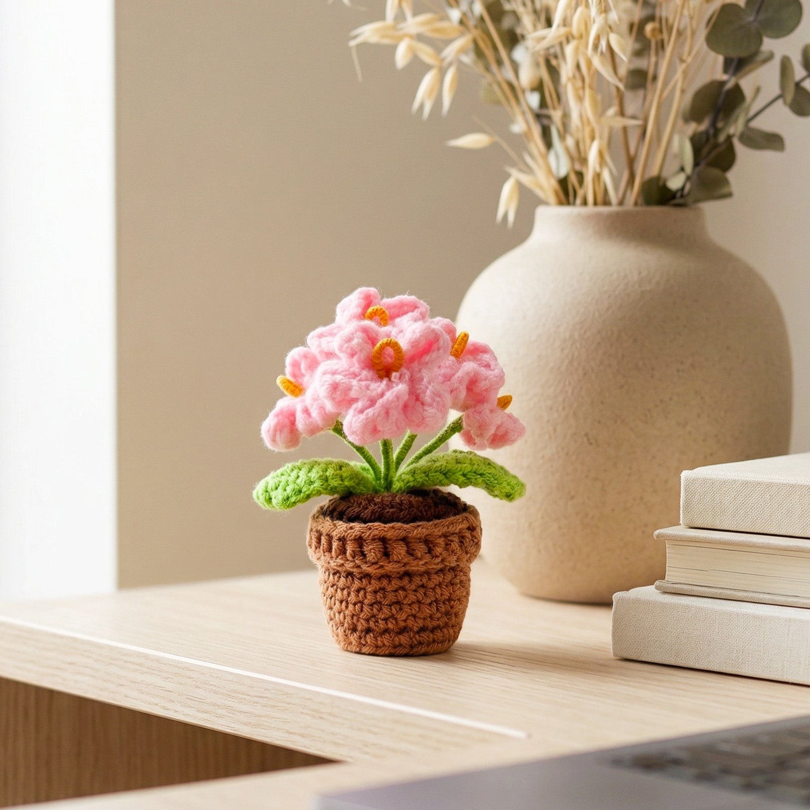 Wrapables Crochet Artificial Flowers, Knitted Potted Plants For Home and Office Decoration, Mother's Day Gift, Forget Me Not Pink