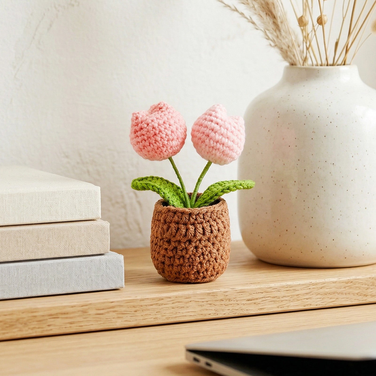 Wrapables Crochet Artificial Flowers, Knitted Potted Plants For Home and Office Decoration, Mother's Day Gift, Tulips