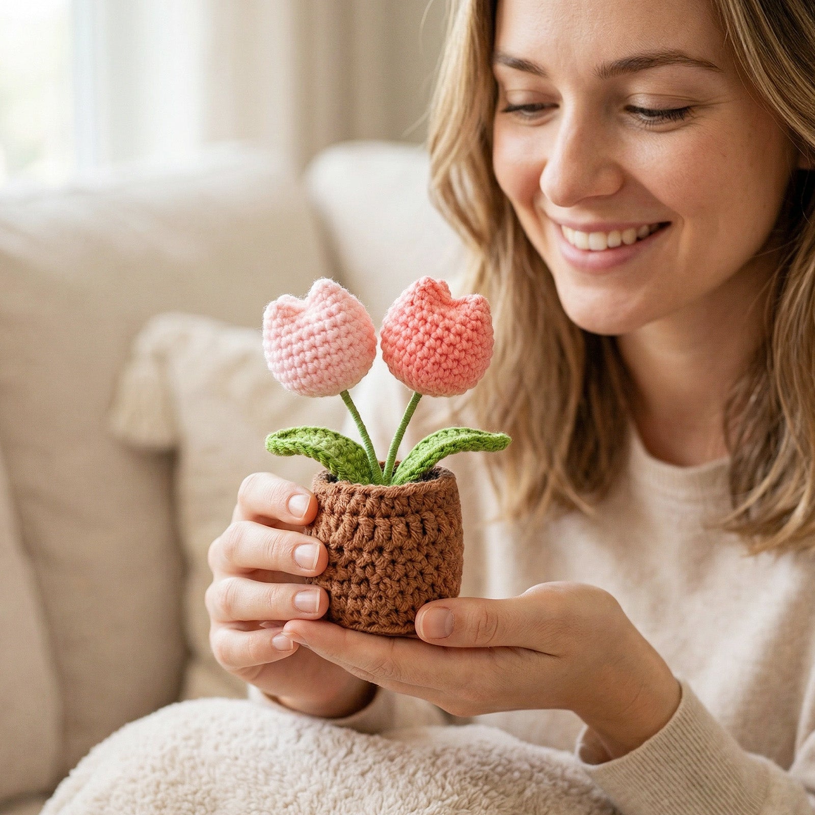 Wrapables Crochet Artificial Flowers, Knitted Potted Plants For Home and Office Decoration, Mother's Day Gift, Tulips