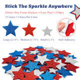 Wrapables Red White and Blue Glitter Self-Adhesive Foam Star Stickers, Patriotic Stickers for 4th of July, Memorial Day (210pcs)