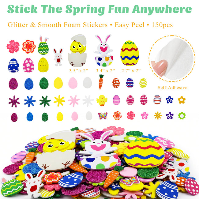 Wrapables Easter Self-Adhesive Foam Stickers, For Arts & Crafts, Decorations, Party Favors, and Easter Egg Fillers (150pcs)