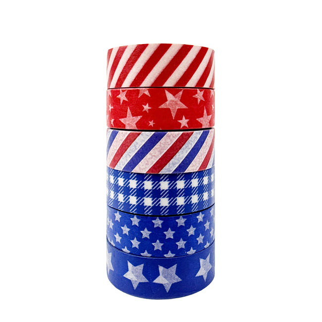 Wrapables Red White and Blue Patriotic Washi Tape Set for Memorial Day, Veterans Day, Presidents Day, Independence Day (6 Rolls)