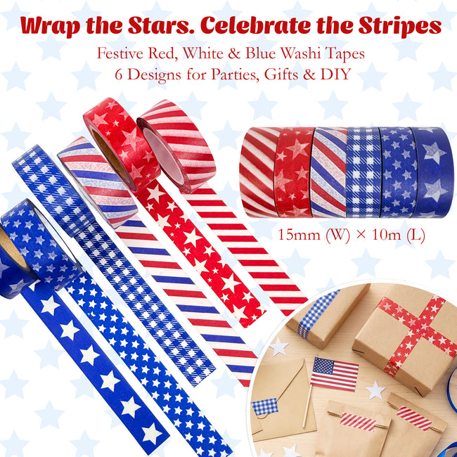Wrapables Red White and Blue Patriotic Washi Tape Set for Memorial Day, Veterans Day, Presidents Day, Independence Day (6 Rolls)