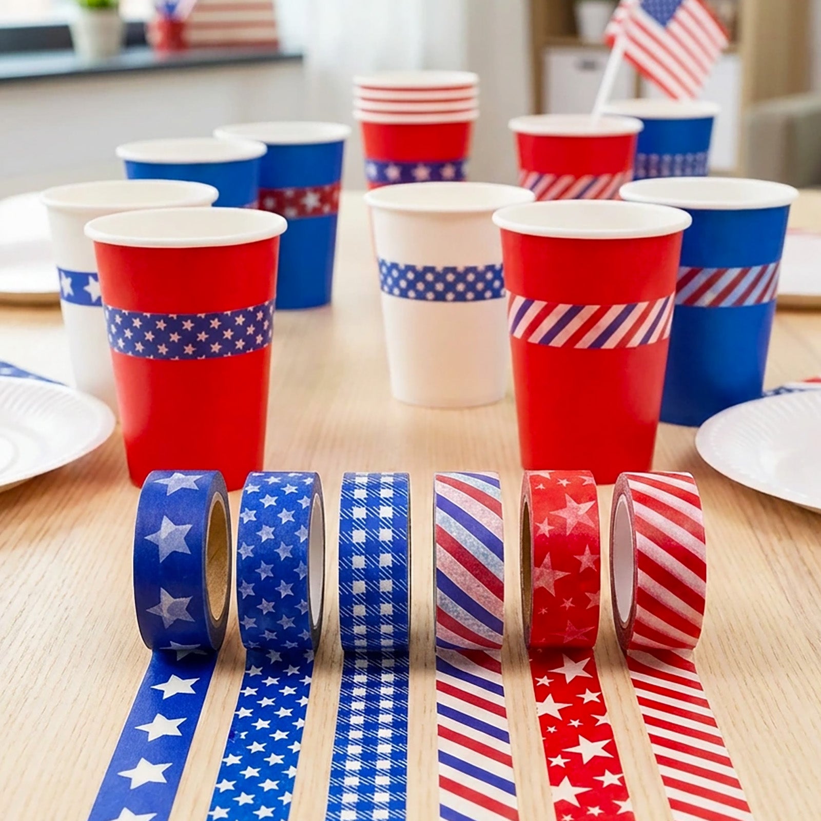 Wrapables Red White and Blue Patriotic Washi Tape Set for Memorial Day, Veterans Day, Presidents Day, Independence Day (6 Rolls)