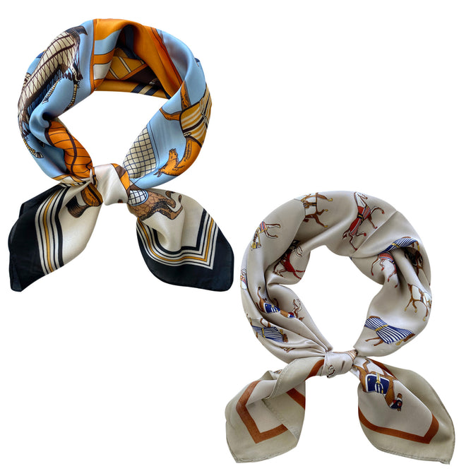 Wrapables 2 Piece Silky Feeling Satin Neckerchief Scarf Set, 26.5" Square Scarf Value Pack, Regal Equestrian
