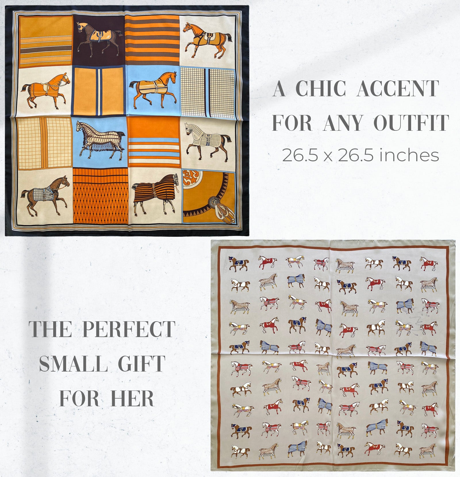 Wrapables 2 Piece Silky Feeling Satin Neckerchief Scarf Set, 26.5" Square Scarf Value Pack, Regal Equestrian