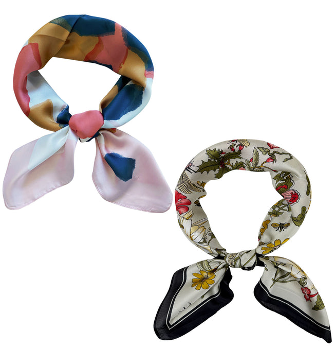 Wrapables 2 Piece Silky Feeling Satin Neckerchief Scarf Set, 26.5" Square Scarf Value Pack, Abstract Bouquet