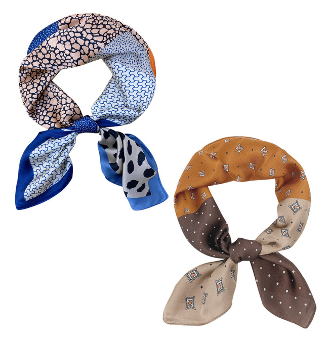 Wrapables 2 Piece Silky Feeling Satin Neckerchief Scarf Set, 26.5" Square Scarf Value Pack, Animal Neutrals