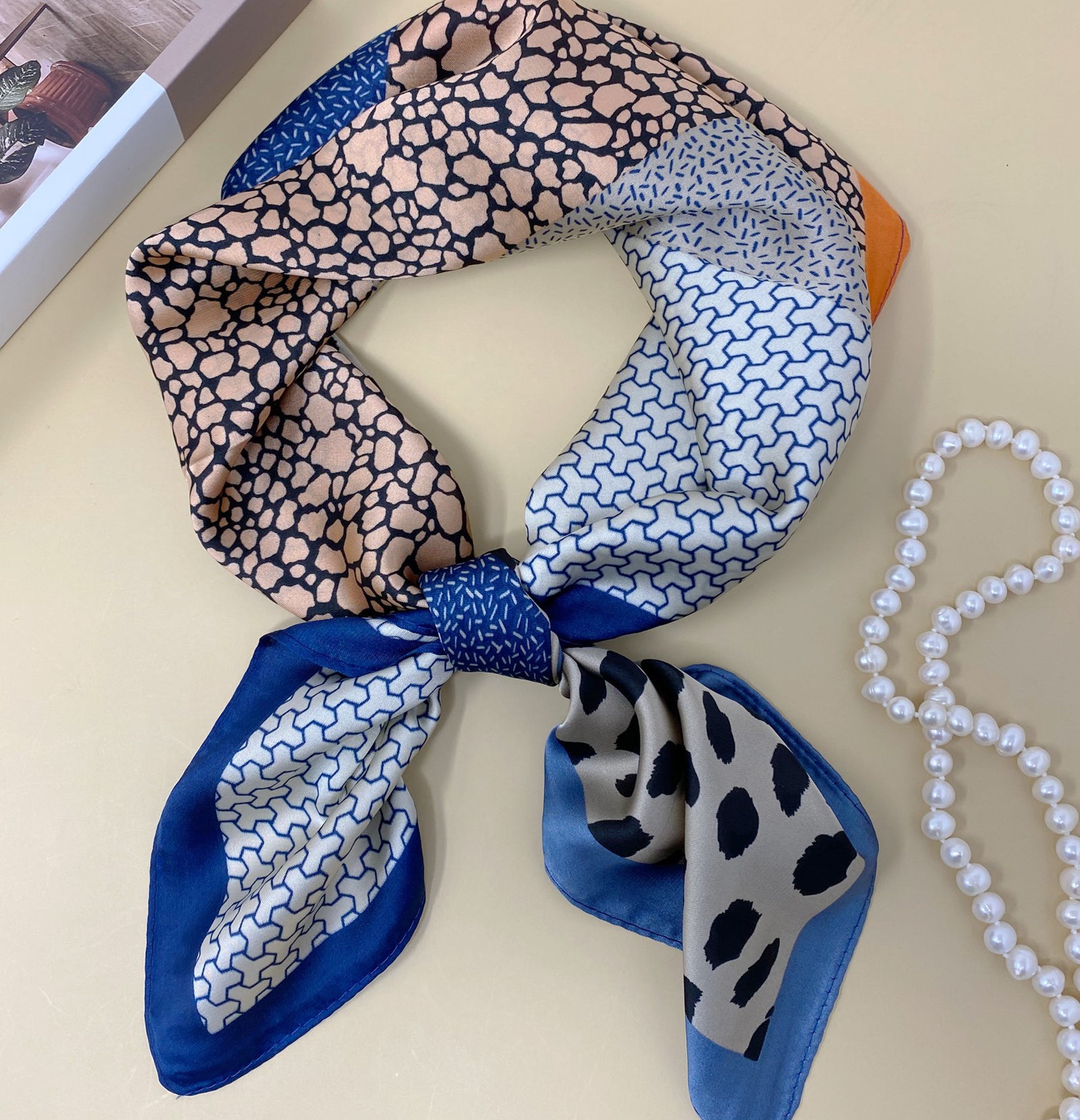 Wrapables 2 Piece Silky Feeling Satin Neckerchief Scarf Set, 26.5" Square Scarf Value Pack, Animal Neutrals