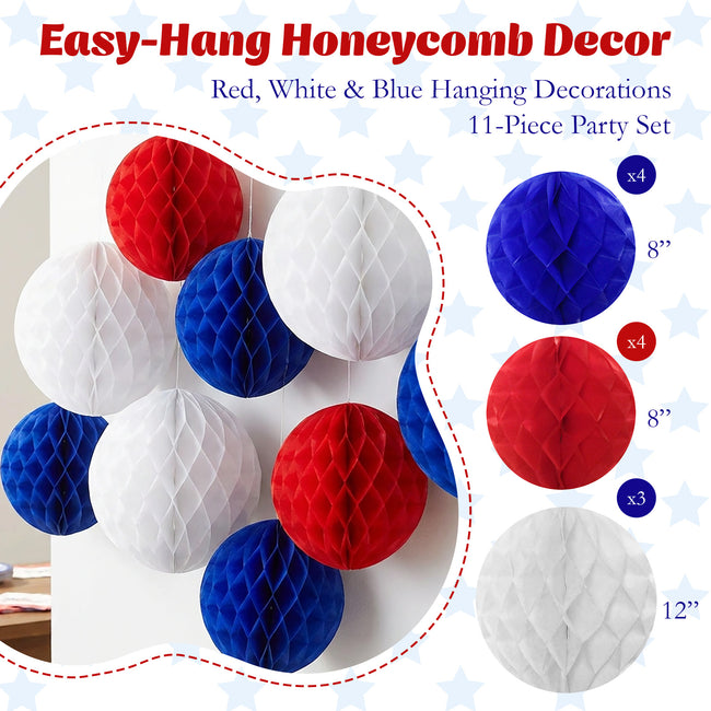 Wrapables Red White and Blue Patriotic 4th of July Honeycomb Party Decorations for Memorial Day, Veterans Day, Presidents Day, Independence Day (Set of 11)