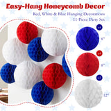 Wrapables Red White and Blue Patriotic 4th of July Honeycomb Party Decorations for Memorial Day, Veterans Day, Presidents Day, Independence Day (Set of 11)