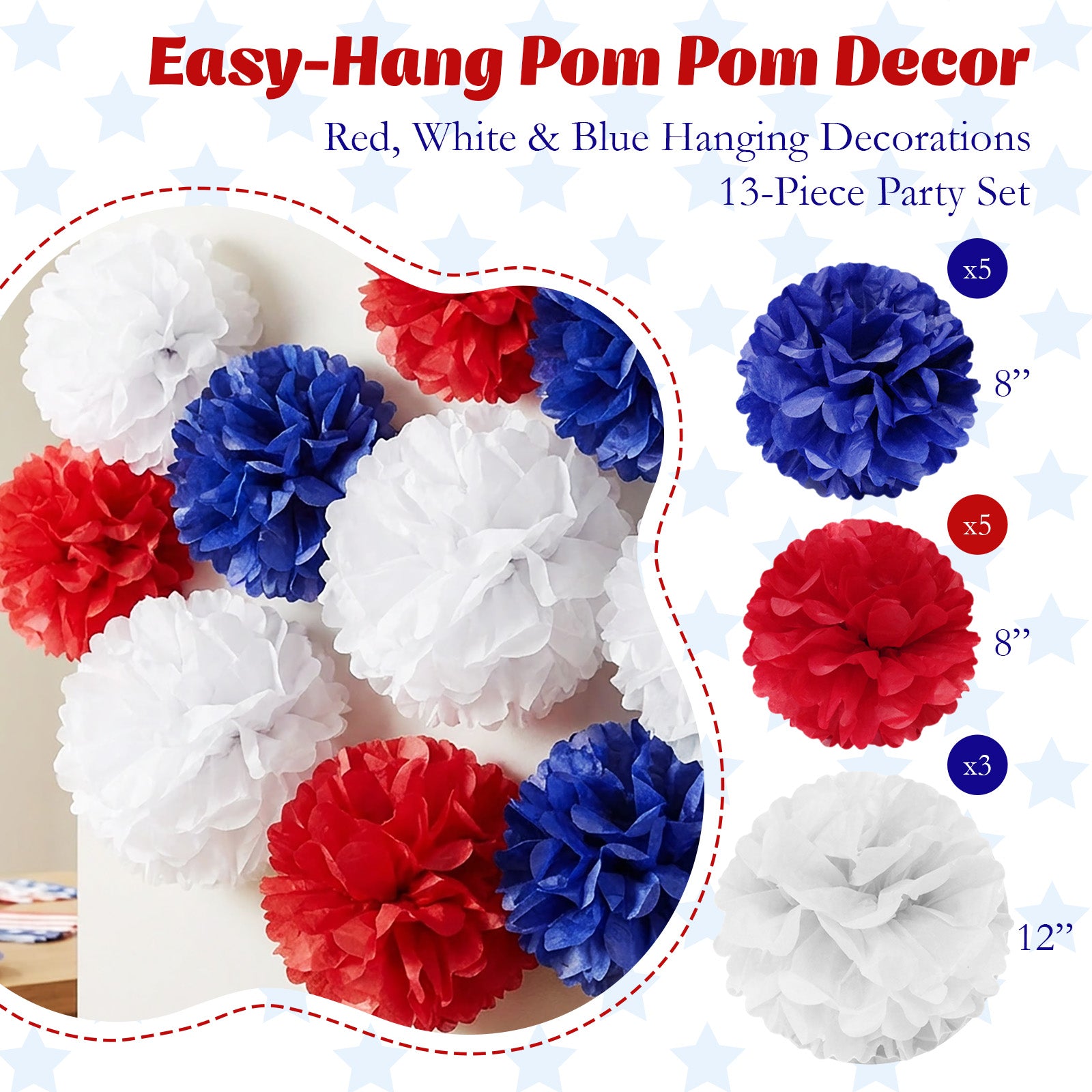 Wrapables Red White and Blue Patriotic 4th of July Pom Pom Party Decorations for Memorial Day, Veterans Day, Presidents Day, Independence Day (Set of 13)