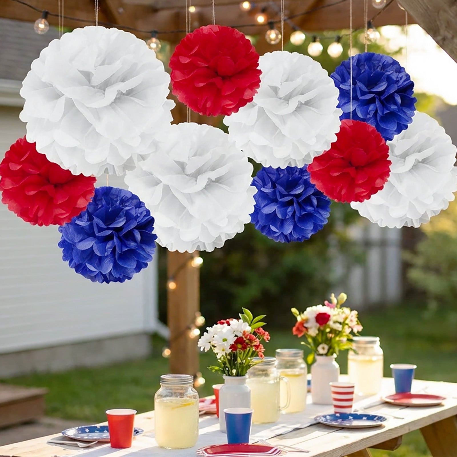 Wrapables Red White and Blue Patriotic 4th of July Pom Pom Party Decorations for Memorial Day, Veterans Day, Presidents Day, Independence Day (Set of 13)