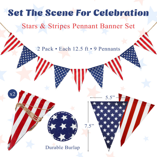 Wrapables 4th of July Patriotic Stars and Stripes American Flag Pennant Banner Garland (Set of 2)