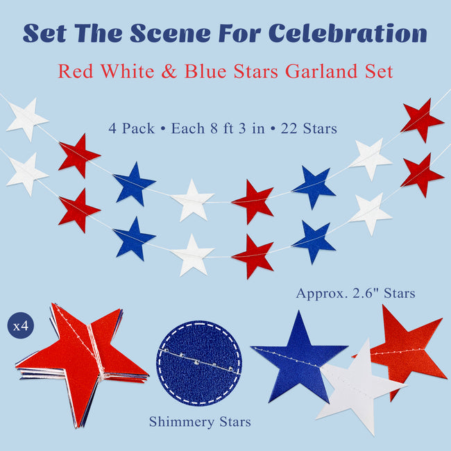 Wrapables 4th of July Patriotic Red White and Blue Hanging Stars Banner Garland (Set of 4)