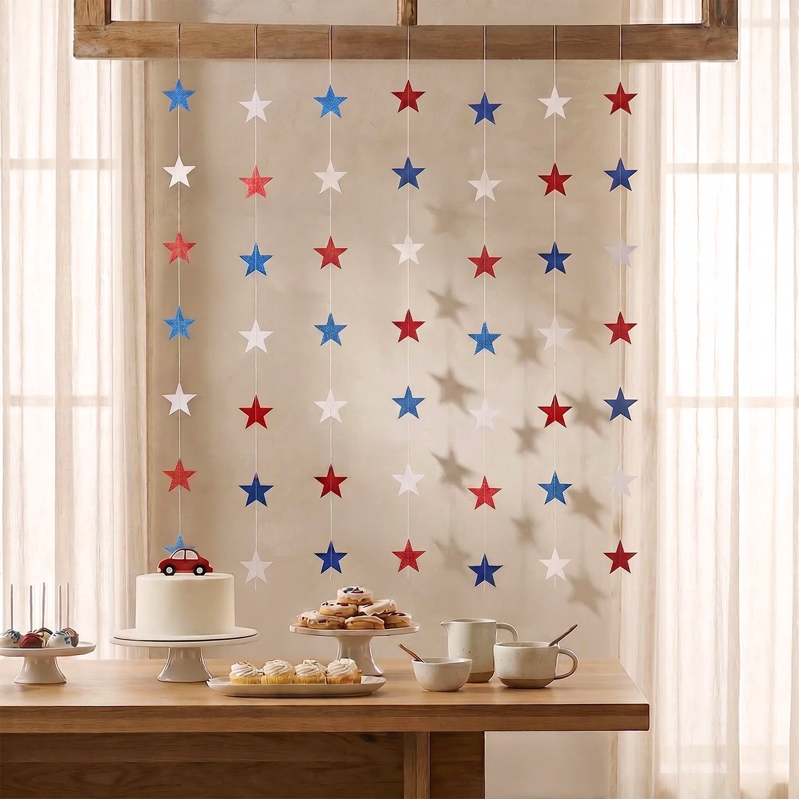 Wrapables 4th of July Patriotic Red White and Blue Hanging Stars Banner Garland (Set of 4)