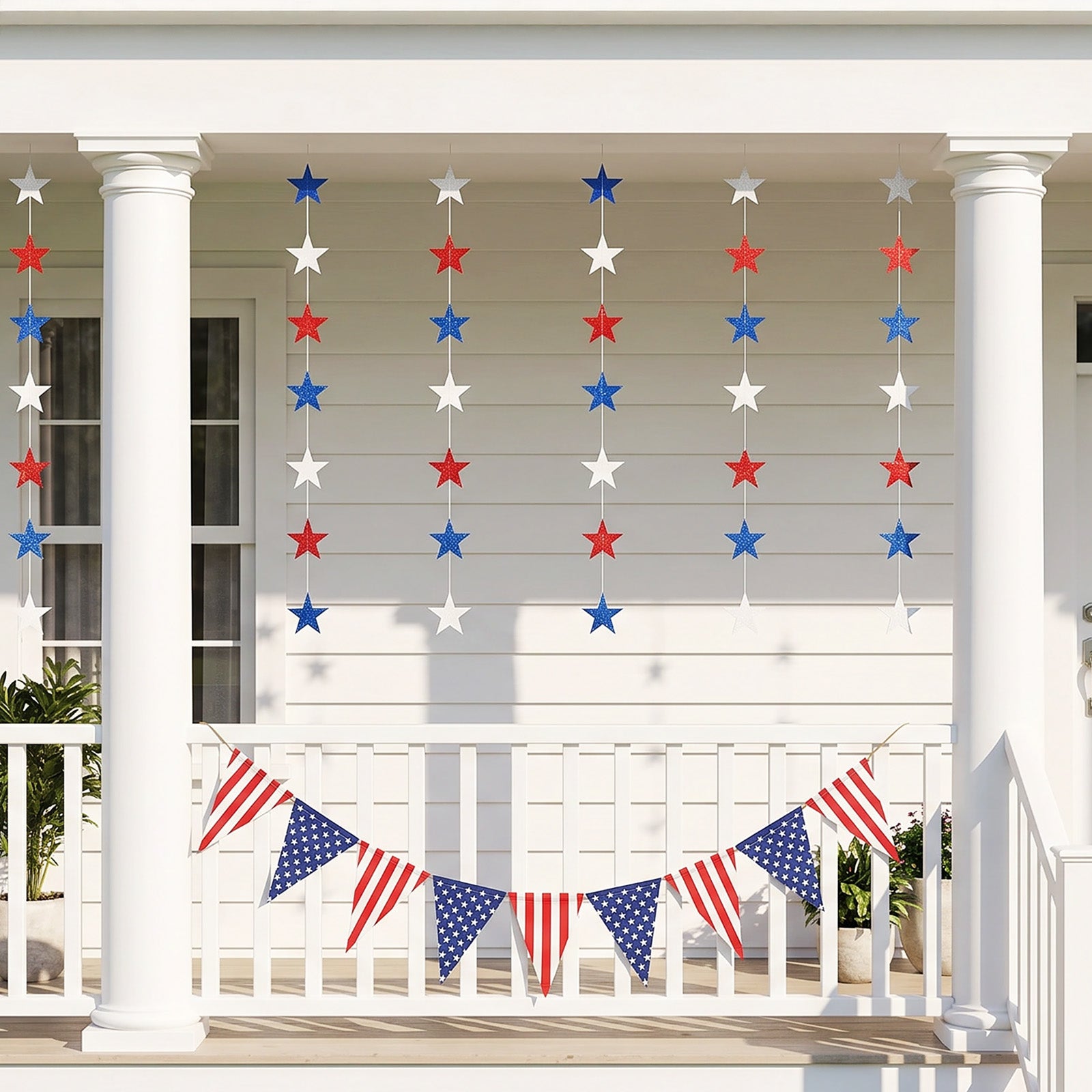Wrapables 4th of July Patriotic Red White and Blue Hanging Stars Banner Garland (Set of 4)