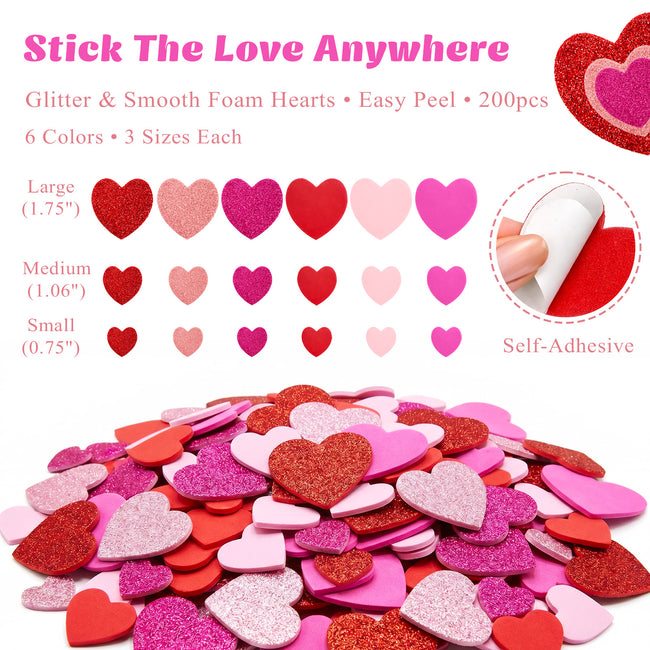 Wrapables Heart Shaped Self-Adhesive Glitter Foam Stickers, For Arts & Crafts, Decorations, Valentines Day, Mothers Day (200pcs)