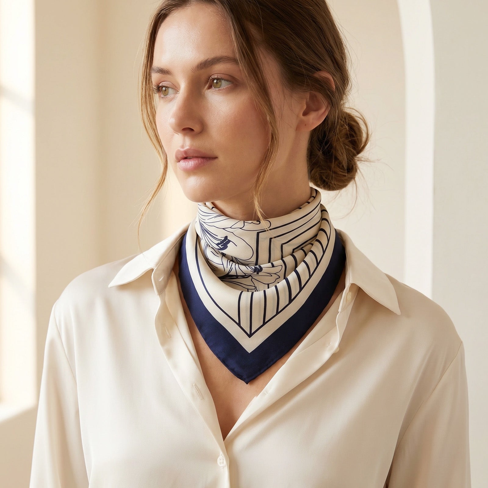 Wrapables Women's Silky Feeling Satin Neckerchief Square Scarf 26.5 x 26.5 Inches, Blue Lily Stripes