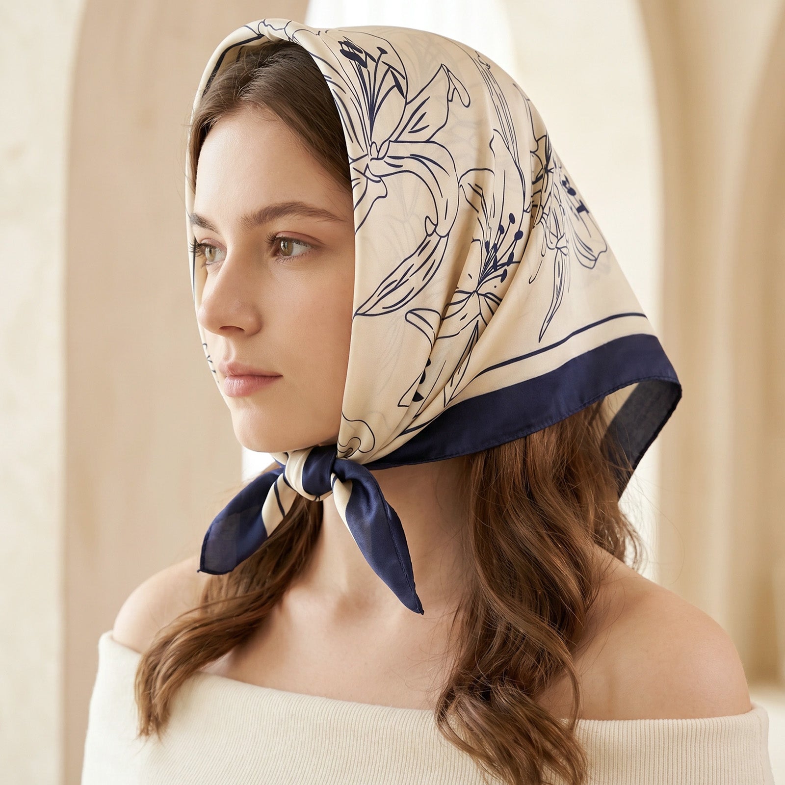 Wrapables Women's Silky Feeling Satin Neckerchief Square Scarf 26.5 x 26.5 Inches, Blue Lily Stripes
