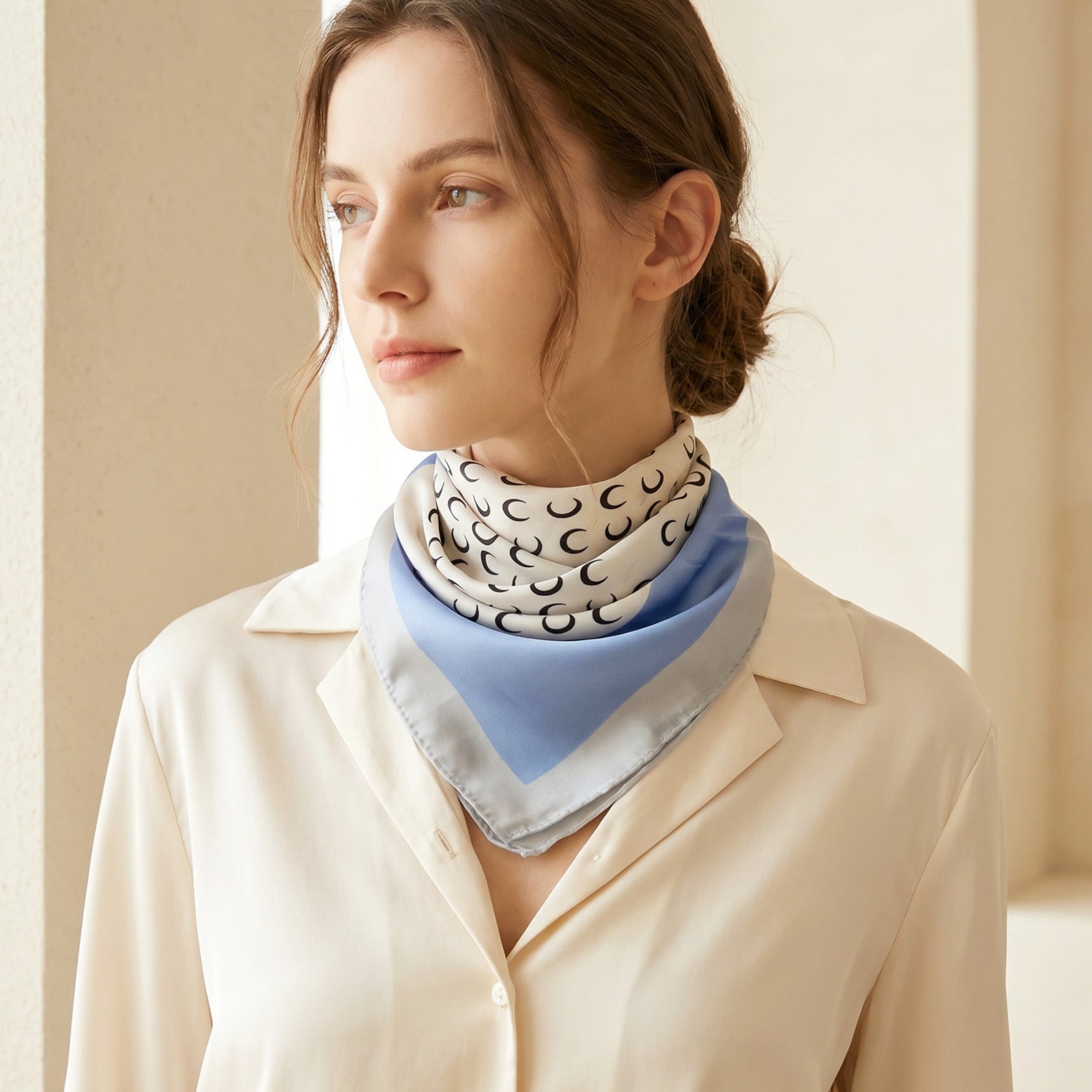 Wrapables Women's Silky Feeling Satin Neckerchief Square Scarf 26.5 x 26.5 Inches, Blue Crescent