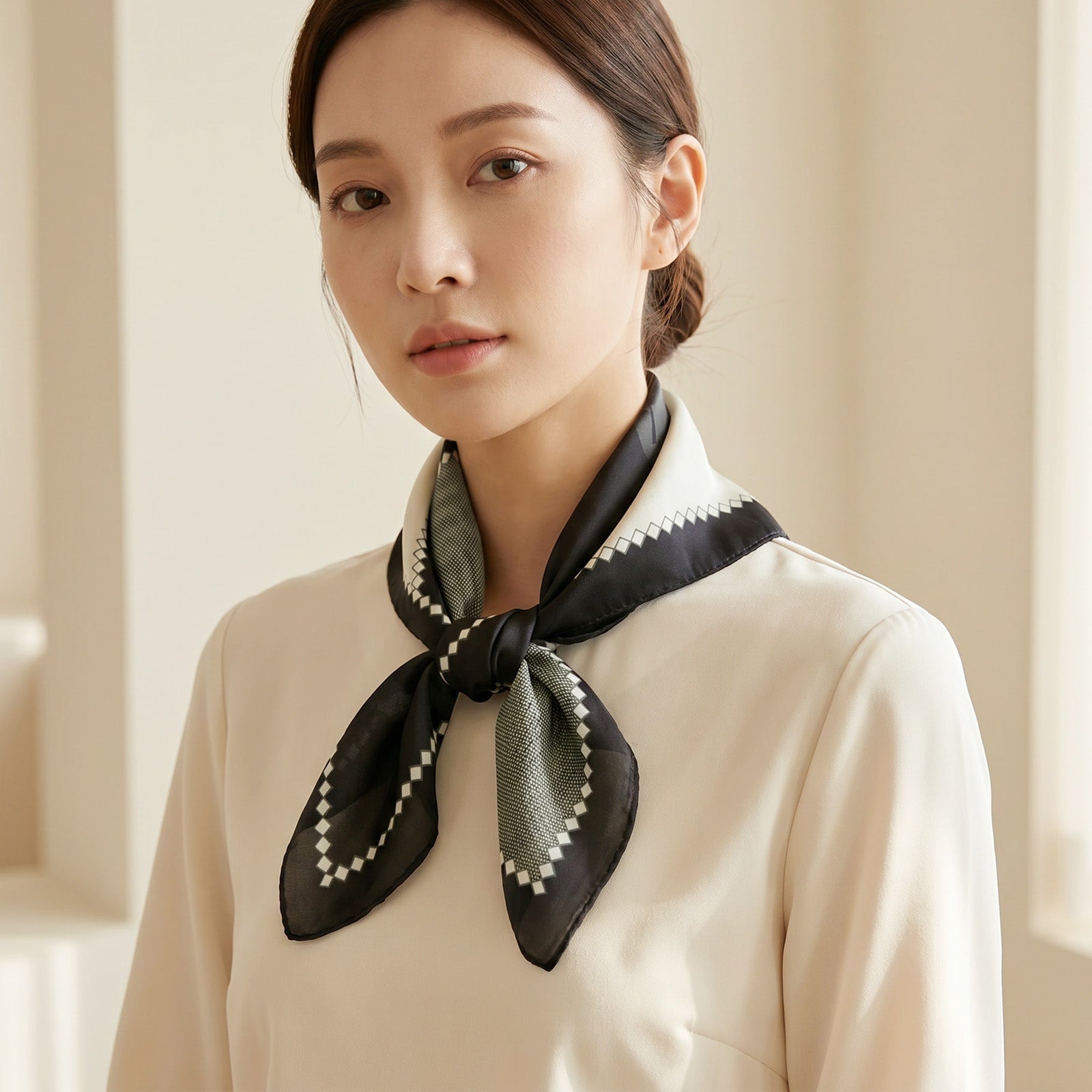 Wrapables Women's Silky Feeling Satin Neckerchief Square Scarf 26.5 x 26.5 Inches, Black and Gray
