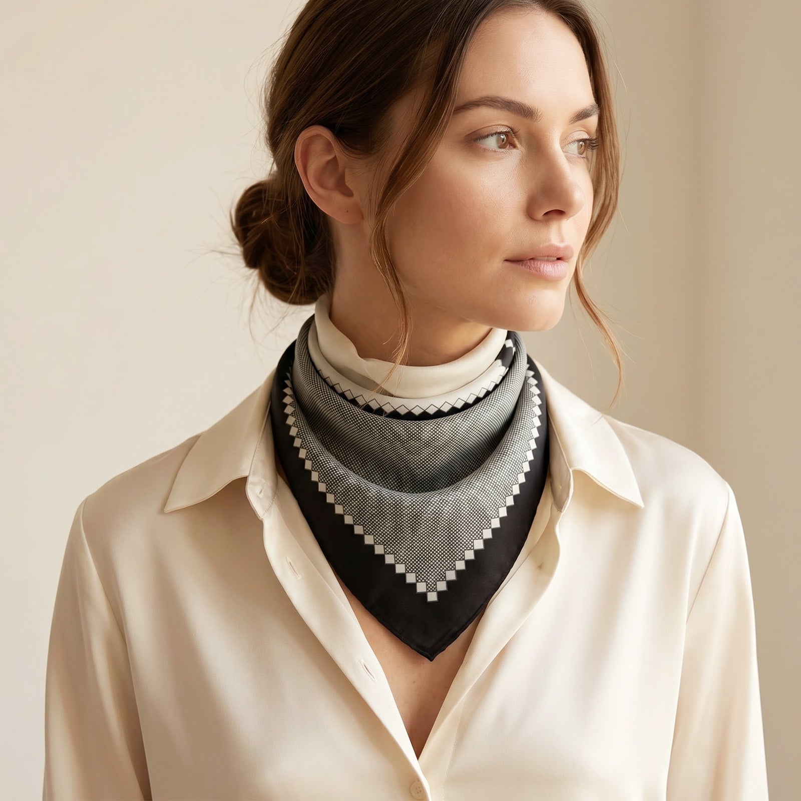 Wrapables Women's Silky Feeling Satin Neckerchief Square Scarf 26.5 x 26.5 Inches, Black and Gray