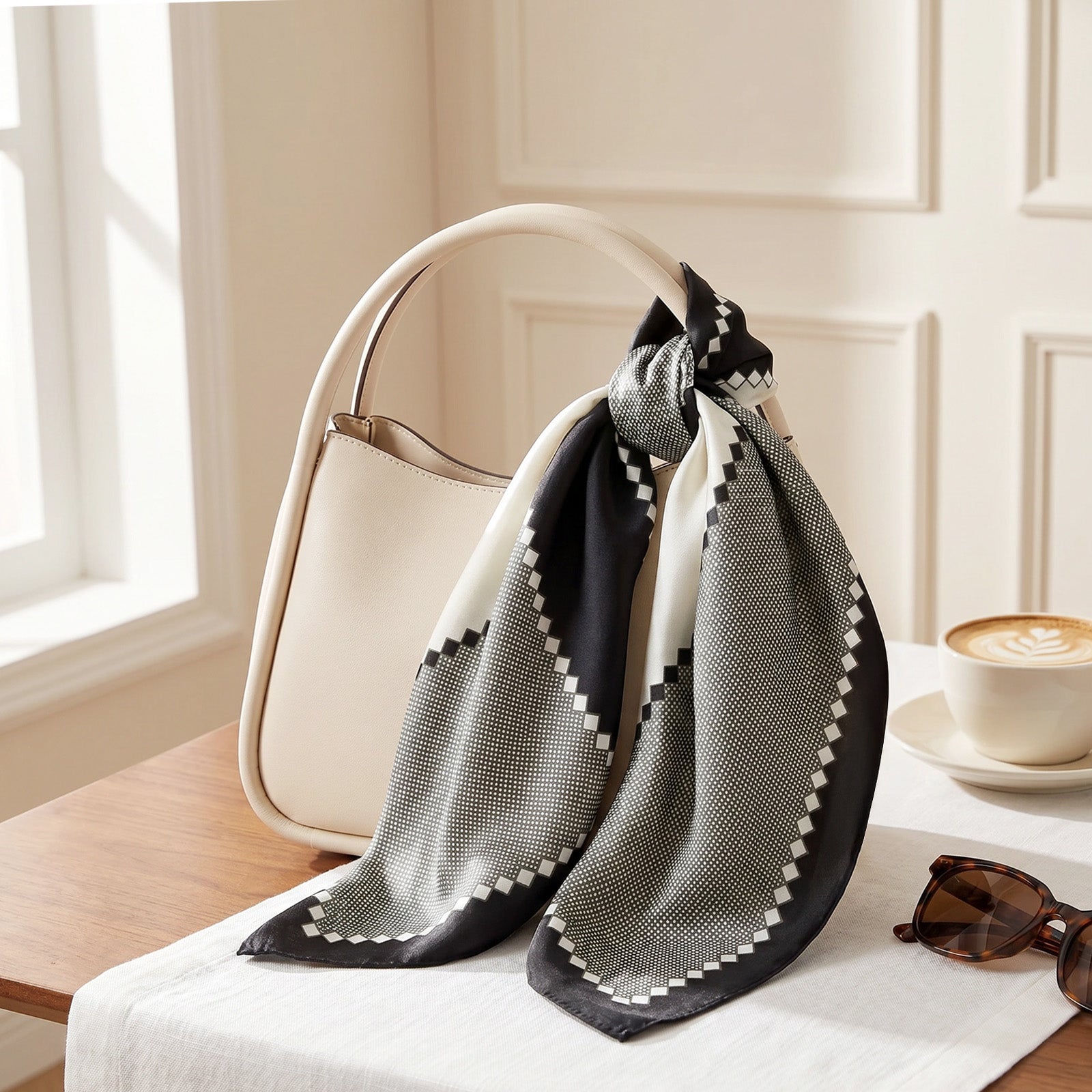 Wrapables Women's Silky Feeling Satin Neckerchief Square Scarf 26.5 x 26.5 Inches, Black and Gray