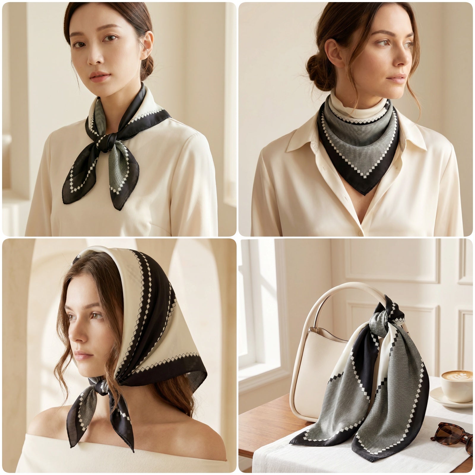 Wrapables Womens 2 Piece Silky Feeling Satin Square Scarf Set, 26.5x26.5 Inch Neckerchief, Lilies Gray