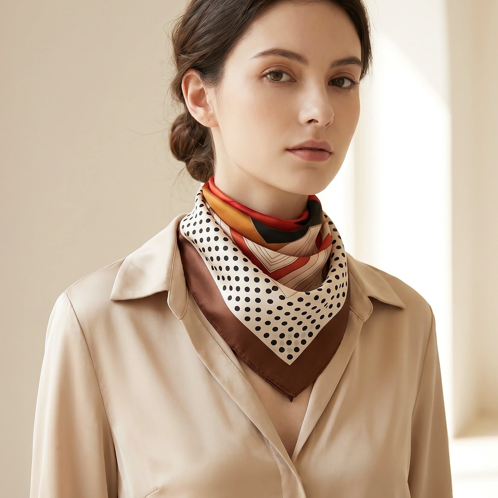 Wrapables Women's Satin Square Scarf, 26.5 x 26.5 Inch Neckerchief, Orange and Brown