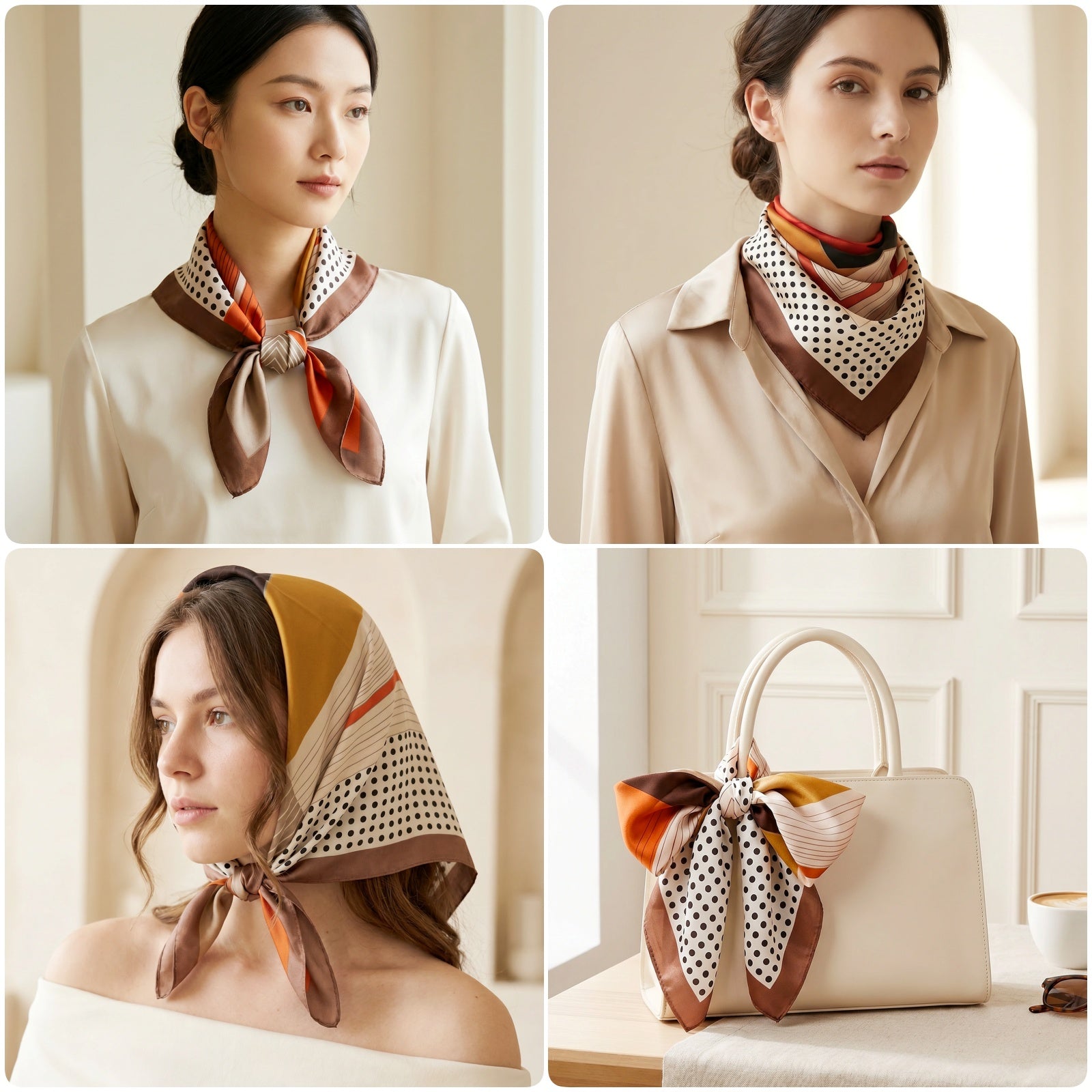 Wrapables Womens 2 Piece Silky Feeling Satin Square Scarf Set, 26.5x26.5 Inch Neckerchief, Brown Crescent