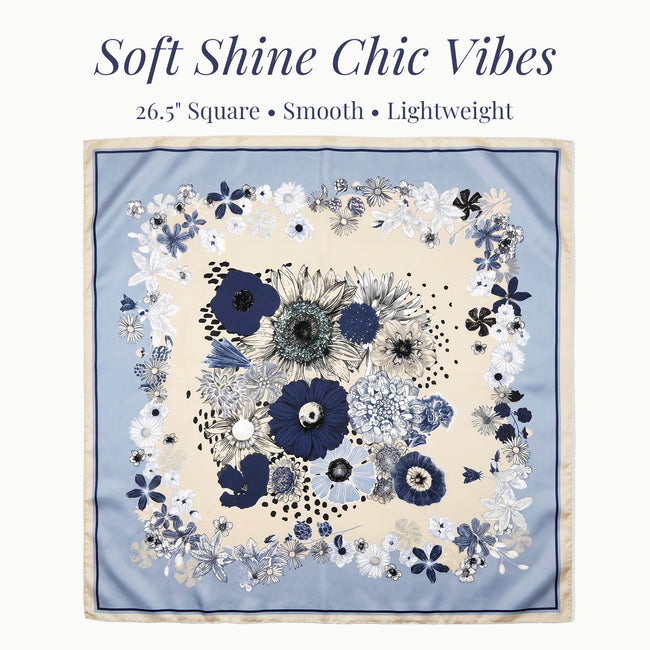 Wrapables Women's Silky Feeling Satin Neckerchief Square Scarf 26.5 x 26.5 Inches, Blue Daisies