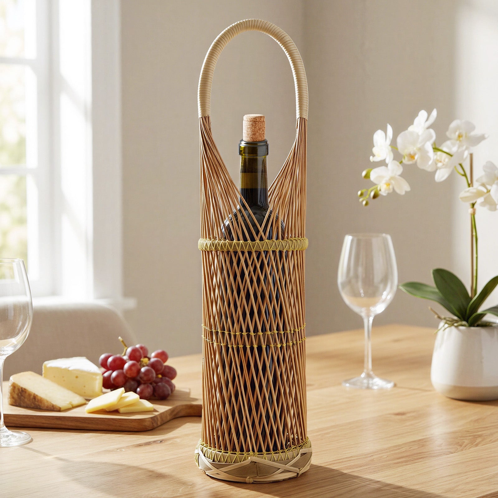 Wrapables Woven Wicker Rattan Bamboo Wine Bottle Basket Carrier, Wine Holder