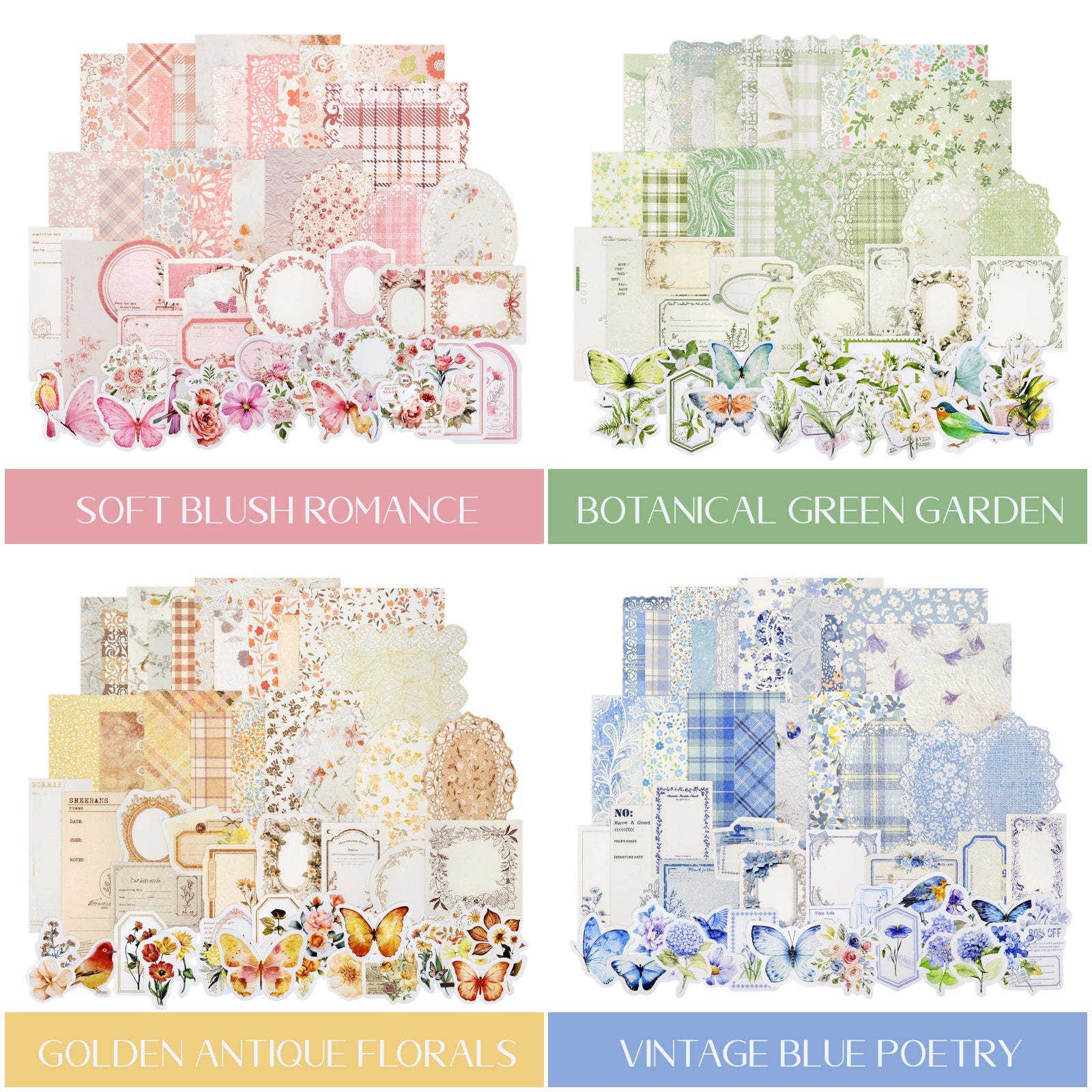 Wrapables Vintage Floral Poetry Scrapbooking Supplies Kit, Stationery Sticker Set for Journaling, Card Making, and DIY Crafts (Set of 4)